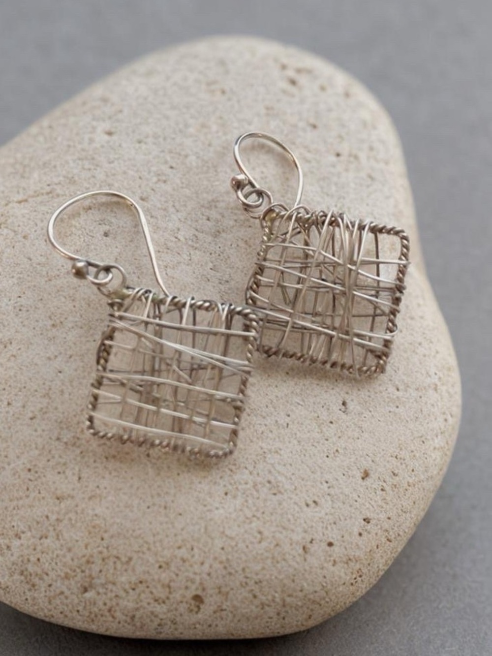Sterling Silver Wire-Wrapped Square Drop Earrings